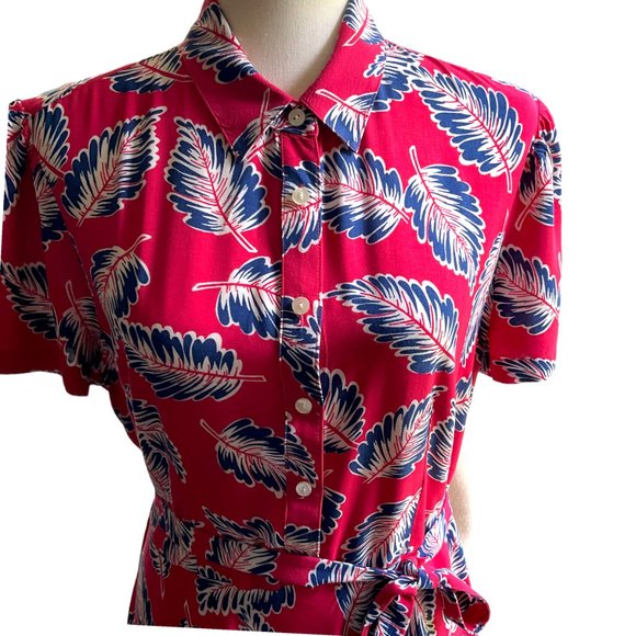 CHAPS feminine fit & flare shirtdress in size L novelty print red with navy palm - Picture 8 of 11